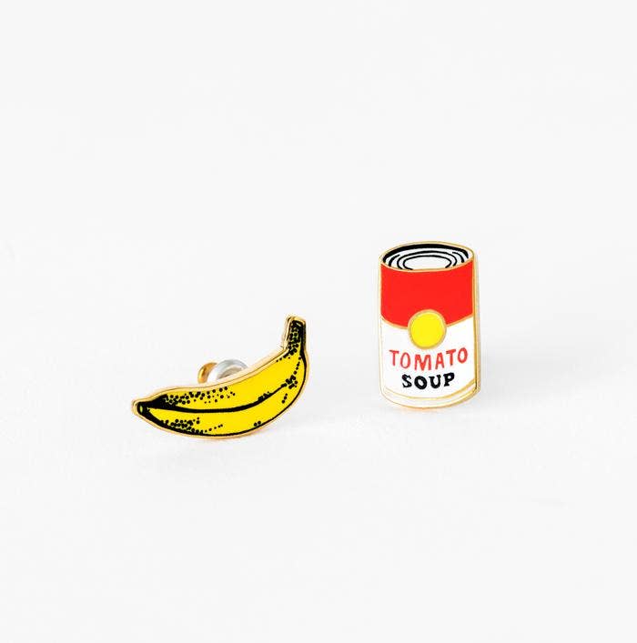 mismatched post earrings | pop art banana + soup