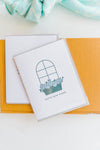 the design: welcome to the neighborhood  about the card:  4.25" × 5.5" folded card Letterpress printed Blank inside Coordinating envelope included Designed by January Letterpress in Waco, TX. Ramble & Co. is a family owned business. Shop at shop.rambleandcompany.com or visit our store in Wichita Falls, Texas || small batch/ hand printed tees + fine art prints | your source of encouragement + inspiration.  