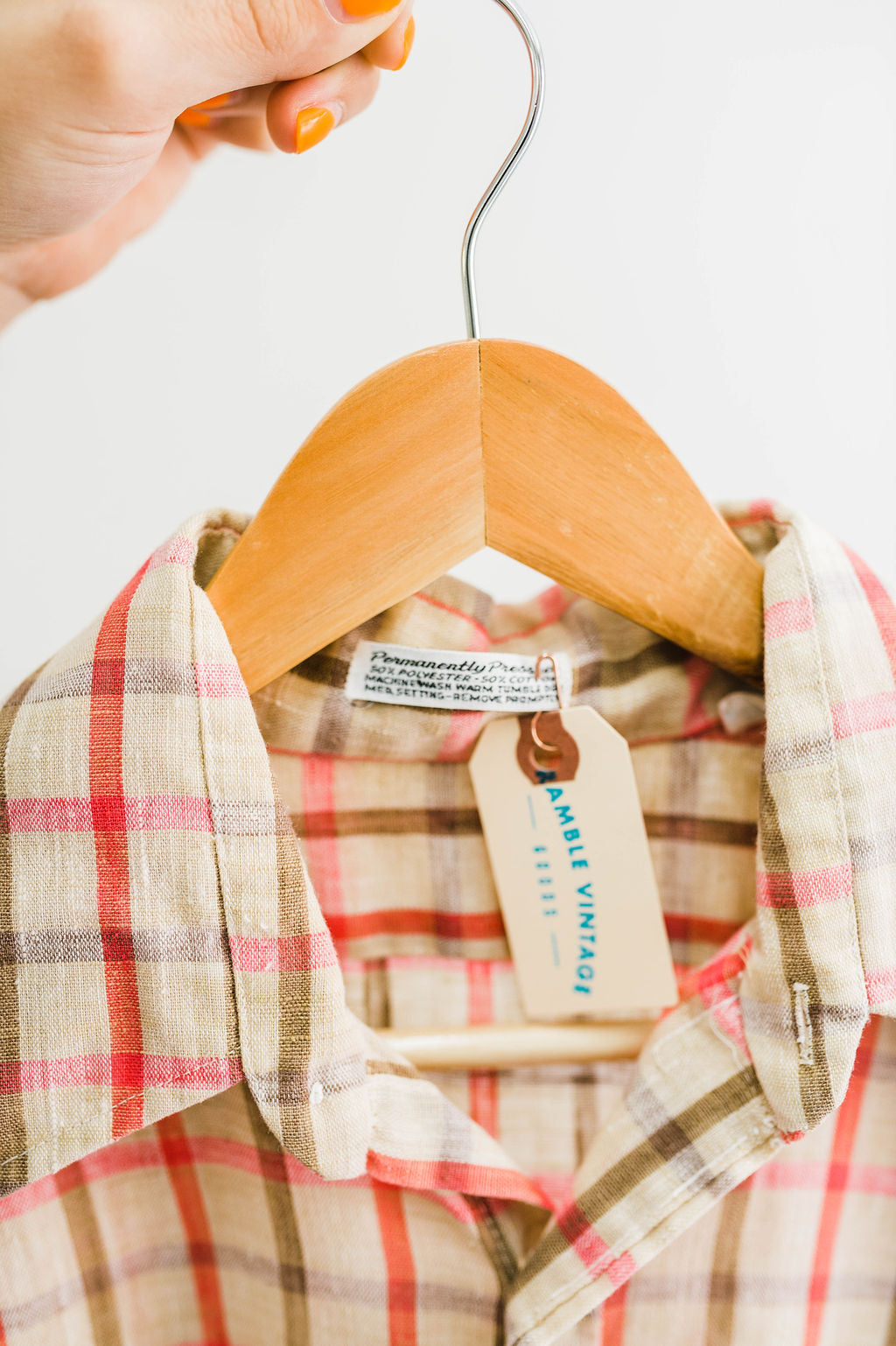 pink + tan check button up | ramble vintage