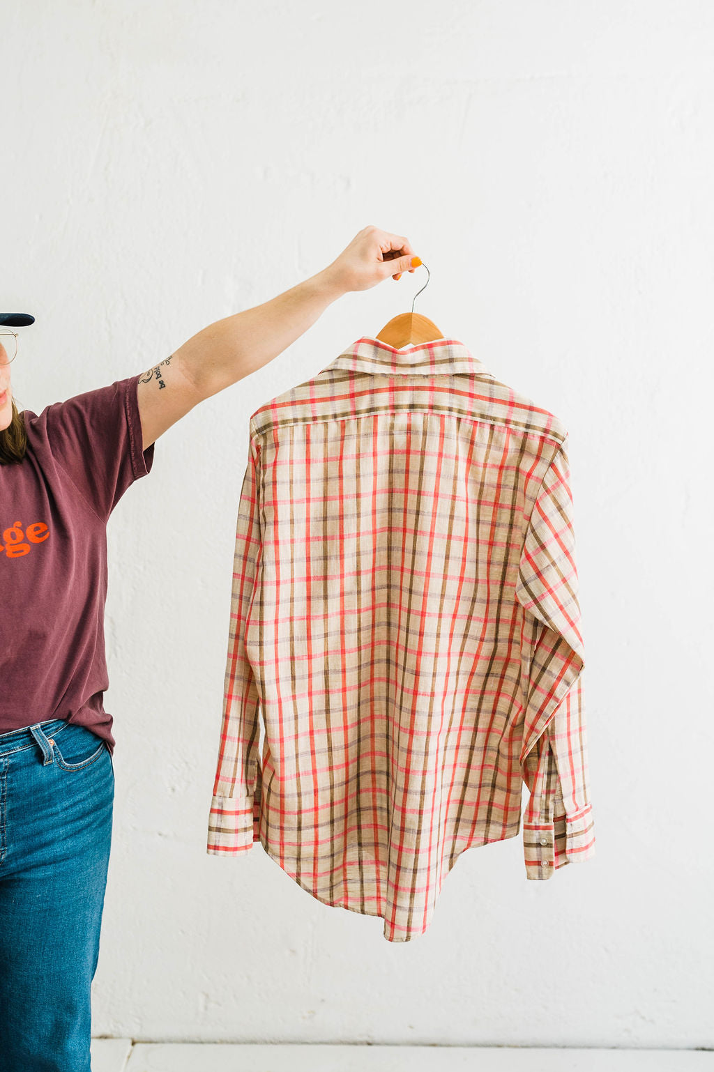 pink + tan check button up | ramble vintage
