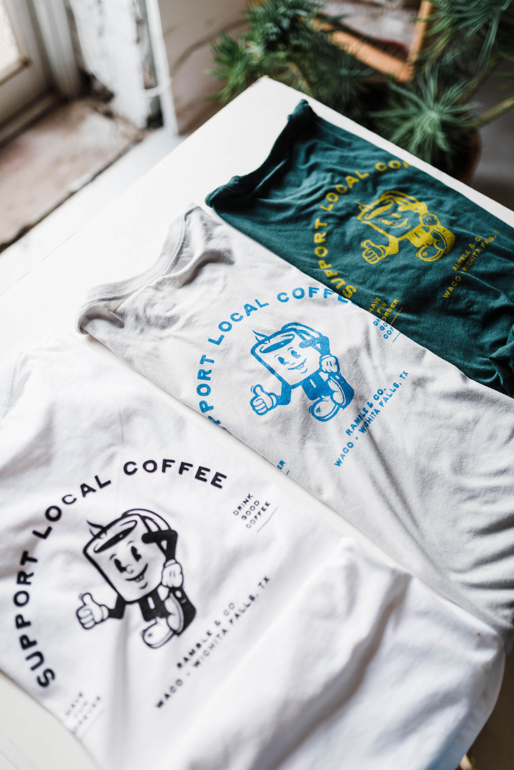 support local coffee | white tee