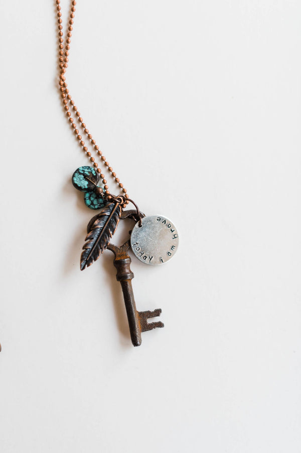 These are a unique item to the shop! We have partnered with a local artist, Debbie Hess, to have a mix of handmade and vintage in the shop. Stamped with beautiful phrases and mixed with vintage keys and beads.  Design: today I am brave   Details: Each necklace is a little different and unique.Ramble &amp; Co. is a family owned business. Shop at shop.rambleandcompany.com or visit our store in Wichita Falls, Texas || small batch/ hand printed tees + fine art prints | your source of encouragement + inspiration.