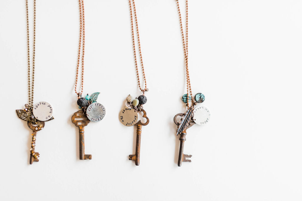 These are a unique item to the shop! We have partnered with a local artist, Debbie Hess, to have a mix of handmade and vintage in the shop. Stamped with beautiful phrases and mixed with vintage keys and beads. Design: today I am brave Details: Each necklace is a little different and unique.Ramble & Co. is a family owned business. Shop at shop.rambleandcompany.com or visit our store in Wichita Falls, Texas || small batch/ hand printed tees + fine art prints | your source of encouragement + inspiration.