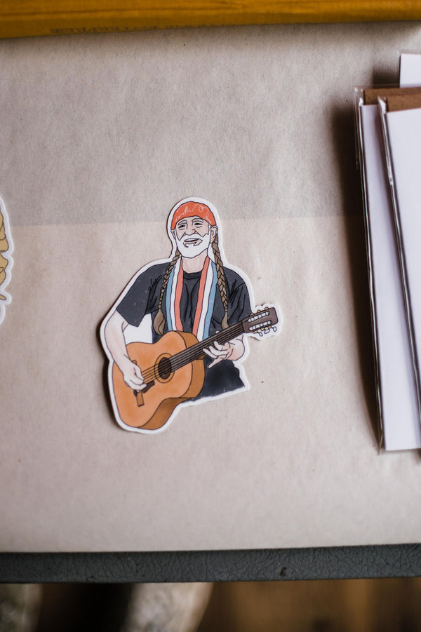 High quality, matte vinyl stickers \\ waterproof, size: 3&quot; x 3.5&quot;. A great gift for someone who loves Willie! This could go on a guitar, a car, a favorite notebook, or a water bottle.Ramble &amp; Co. is a family owned business. Shop at shop.rambleandcompany.com or visit our store in Wichita Falls, Texas || small batch/ hand printed tees + fine art prints | your source of encouragement + inspiration.