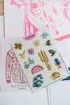 the design: WFTX | pearl snap  the colors: hot pink, teal, + gold  about the sticker sheet:  4 1/4 x 5 1/2 Sheet 13 Stickers per sheet Made in the USA.Ramble & Co. is a family owned business. Shop at shop.rambleandcompany.com or visit our store in Wichita Falls, Texas || small batch/ hand printed tees + fine art prints | your source of encouragement + inspiration..