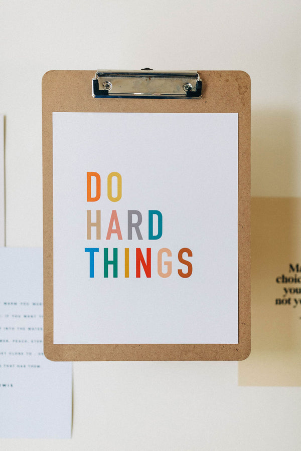 the design: do hard things.  the size: 8x10  multi color print on card stock packed in a cello sleeve made in the USA  ﻿*digital downloads will be delivered via email after purchase is complete.Ramble &amp; Co. is a family owned business. Shop at shop.rambleandcompany.com or visit our store in Wichita Falls, Texas || small batch/ hand printed tees + fine art prints | your source of encouragement + inspiration.