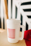 22 oz double insulated, white cup with born to ramble written in a red design | dishwasher safe | includes lid and straw || you can shop now at  shop.rambleandcompany.com or visit our storefront in downtown Wichita Falls, Texas || small batch + hand printed tees | home goods | paper goods | gifts + more