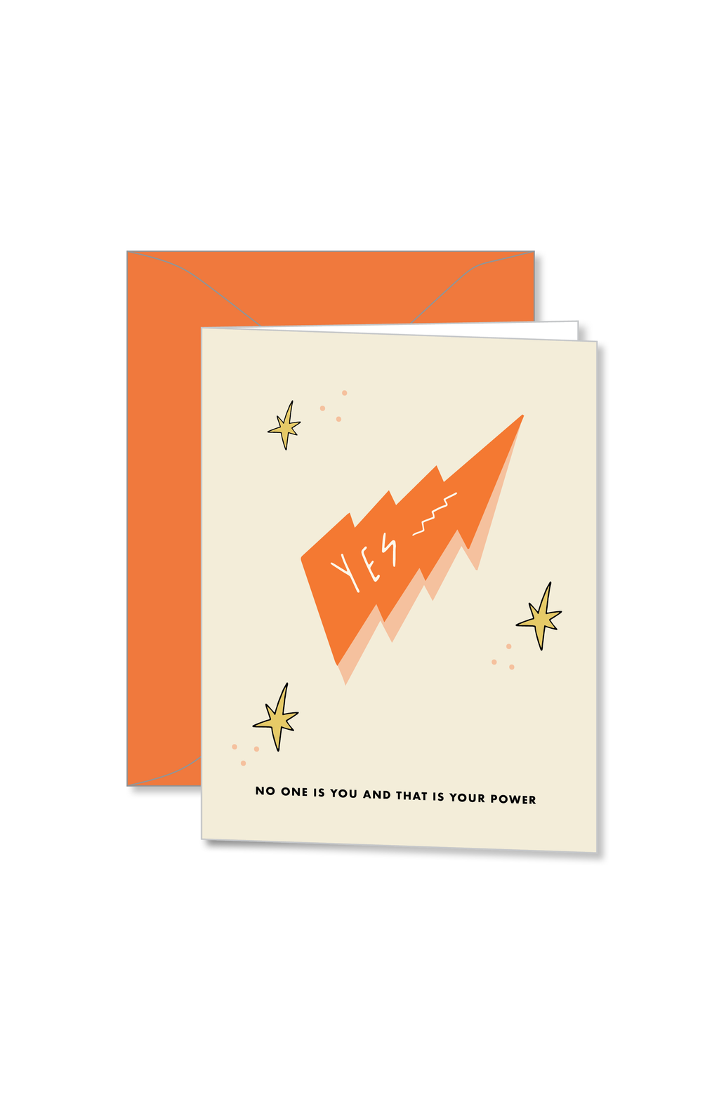 Cream notecard with orange lightning and yellow stars design and no one is you and that is your power text design by Ramble and Co. | you can shop now at  shop.rambleandcompany.com or visit our storefront in downtown Wichita Falls, Texas || small batch + hand printed tees | home goods | paper goods | gifts + more