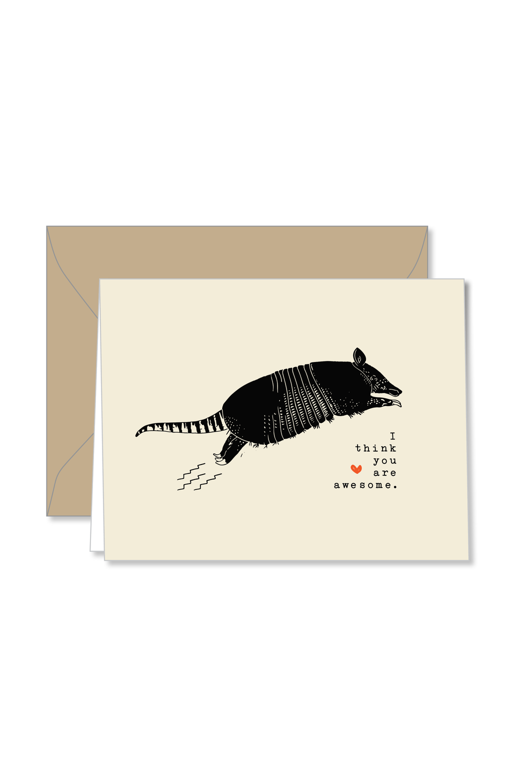 Cream notecard with leaping armadillo design and I think you are awesome text design by Ramble and Co. | you can shop now at  shop.rambleandcompany.com or visit our storefront in downtown Wichita Falls, Texas || small batch + hand printed tees | home goods | paper goods | gifts + more