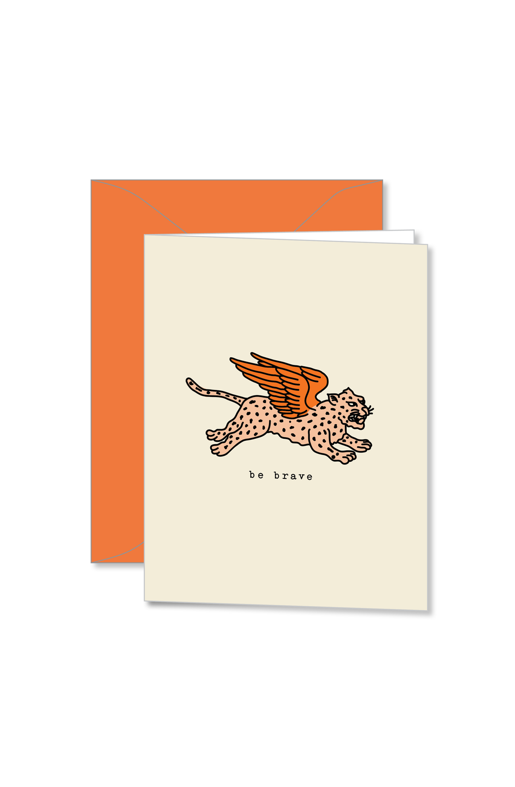 Cream notecard with flying cheetah design and be brave text design by Ramble and Co. | you can shop now at  shop.rambleandcompany.com or visit our storefront in downtown Wichita Falls, Texas || small batch + hand printed tees | home goods | paper goods | gifts + more