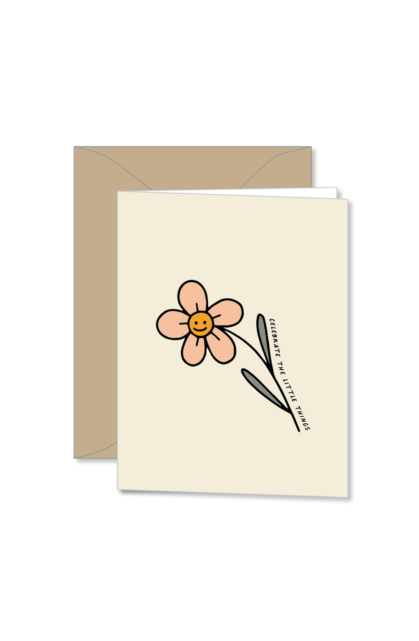 Cream notecard with pink flower design and celebrate the little things text design by Ramble and Co. | you can shop now at  shop.rambleandcompany.com or visit our storefront in downtown Wichita Falls, Texas || small batch + hand printed tees | home goods | paper goods | gifts + more