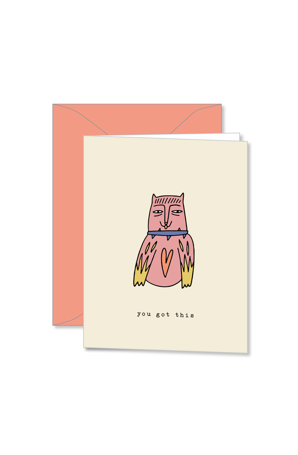 Cream notecard with pink cat with heart on chest and flames on arms design and you got this text design by Ramble and Co. | you can shop now at  shop.rambleandcompany.com or visit our storefront in downtown Wichita Falls, Texas || small batch + hand printed tees | home goods | paper goods | gifts + more