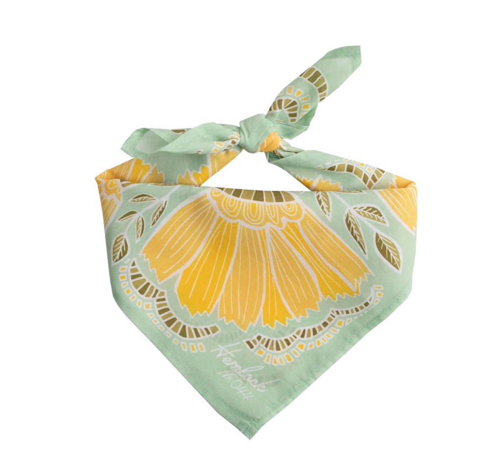 Light green bandana with yellow flowers design by Hemlock Goods | you can shop now at  shop.rambleandcompany.com or visit our storefront in downtown Wichita Falls, Texas || small batch + hand printed tees | home goods | paper goods | gifts + more