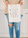 White flour sack towel with measuring equivalents in a 5 color design by Doe a Deer Designs || you can shop now at  shop.rambleandcompany.com or visit our storefront in downtown Wichita Falls, Texas || small batch + hand printed tees | home goods | paper goods | gifts + more