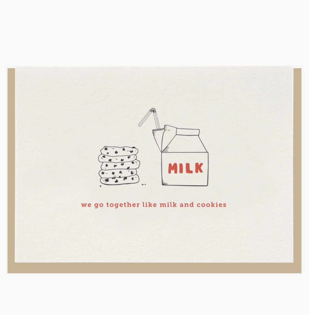 The design: milk + cookies. The size: a2 | 4.25 by 5.5 inches folded. Hand letterpressed card, 100% cotton paper, packed in a cello sleeve with corresponding envelope, blank inside, made in the USA. This is the card that you give to your right hand, your number 1 on speedial. Ramble & Co. is a family owned business. Shop at shop.rambleandcompany.com or visit our store in Wichita Falls, Texas || small batch/ hand printed tees + fine art prints | your source of encouragement + inspiration.