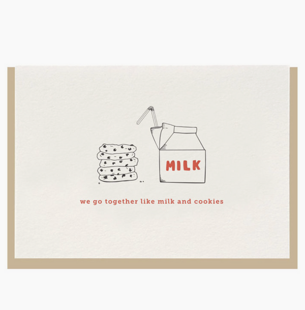 The design: milk + cookies. The size: a2 | 4.25 by 5.5 inches folded. Hand letterpressed card, 100% cotton paper, packed in a cello sleeve with corresponding envelope, blank inside, made in the USA. This is the card that you give to your right hand, your number 1 on speedial. Ramble &amp; Co. is a family owned business. Shop at shop.rambleandcompany.com or visit our store in Wichita Falls, Texas || small batch/ hand printed tees + fine art prints | your source of encouragement + inspiration.