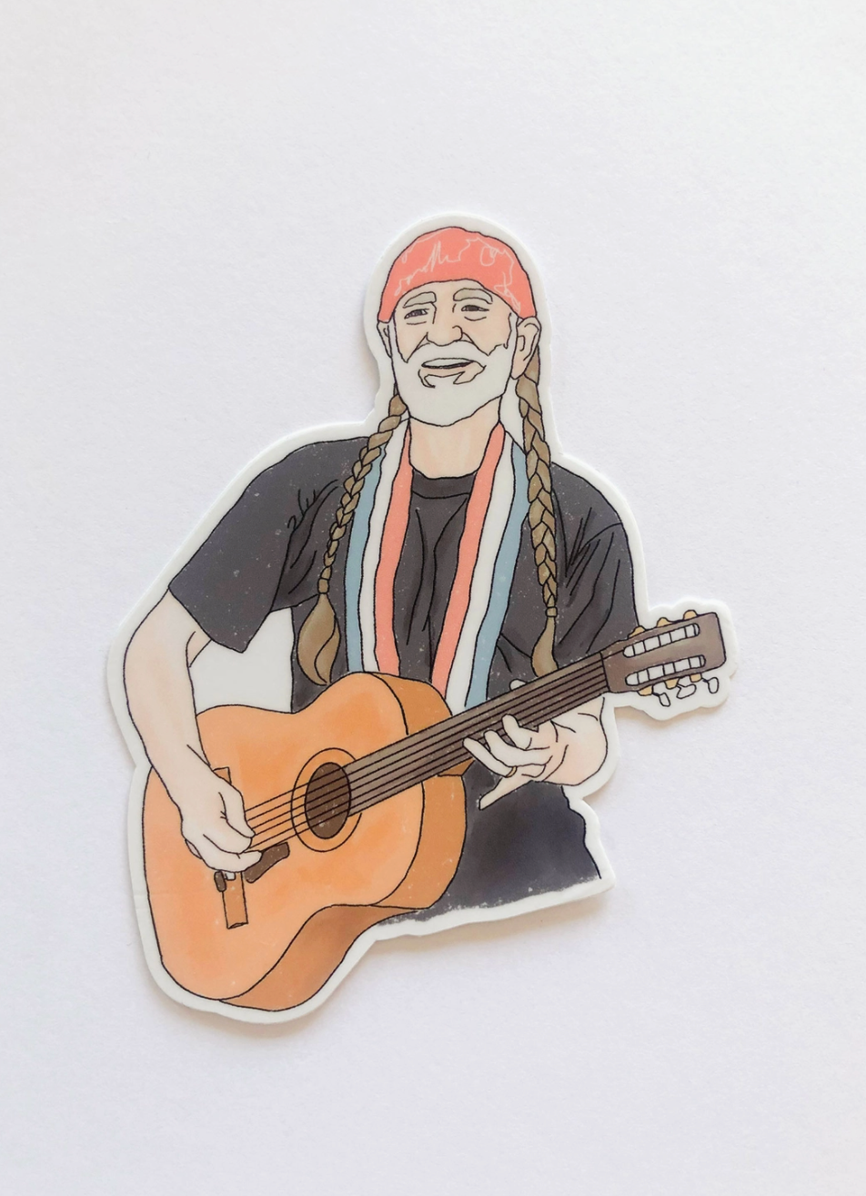 High quality, matte vinyl stickers \\ waterproof, size: 3" x 3.5". A great gift for someone who loves Willie! This could go on a guitar, a car, a favorite notebook, or a water bottle.Ramble & Co. is a family owned business. Shop at shop.rambleandcompany.com or visit our store in Wichita Falls, Texas || small batch/ hand printed tees + fine art prints | your source of encouragement + inspiration.