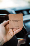 Paperboard car fragrance, air freshener in fragrance teakwood + tobacco. | Paraben-free || you can shop now at  shop.rambleandcompany.com or visit our storefront in downtown Wichita Falls, Texas || small batch + hand printed tees | home goods | paper goods | gifts + more