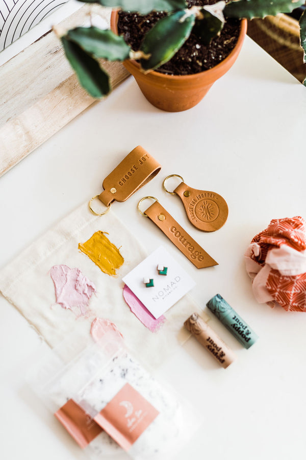 the design: trust the journey. the material: leather. hand stamped by lost penguin leather, made in texas. key fobs are fun but leather key fobs are the most fun. Ramble & Co. is a family owned business. Shop at shop.rambleandcompany.com or visit our store in Wichita Falls, Texas || small batch/ hand printed tees + fine art prints | your source of encouragement + inspiration.