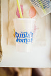 17 oz  clear, color changing cup with ramblin woman text in blue | includes straw + lid set || you can shop now at  shop.rambleandcompany.com or visit our storefront in downtown Wichita Falls, Texas || small batch + hand printed tees | home goods | paper goods | gifts + more