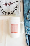 22 oz double insulated, white cup with born to ramble written in a red design | dishwasher safe | includes lid and straw || you can shop now at  shop.rambleandcompany.com or visit our storefront in downtown Wichita Falls, Texas || small batch + hand printed tees | home goods | paper goods | gifts + more